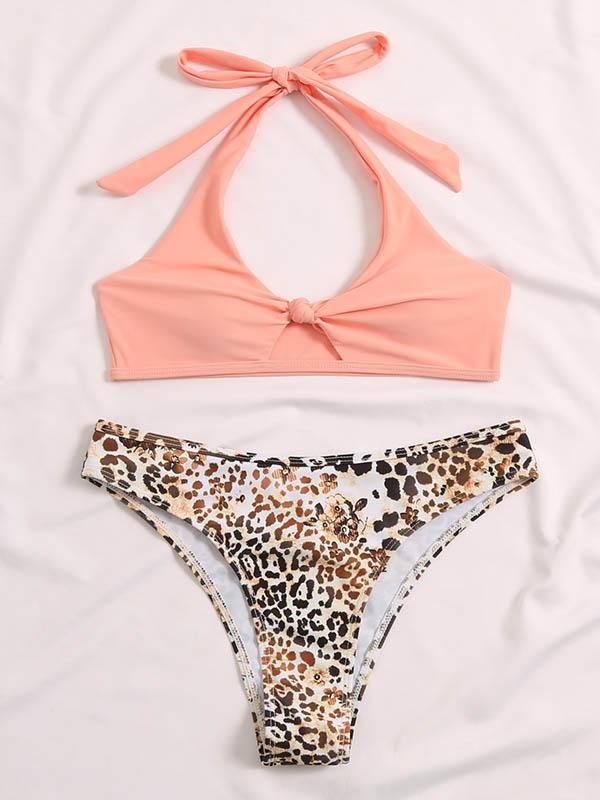 Bikini-Badeanzug mit Leopardenmuster, Neckholder und Schlitz in Blockfarben 