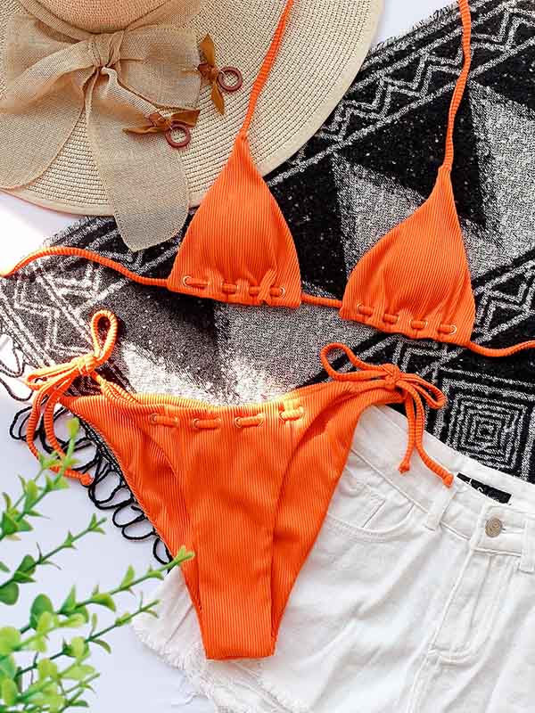 Sexy Triangles Hollow Bandage Split Bikini Swimsuit