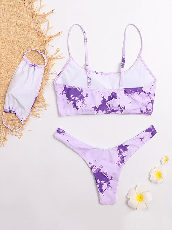 Tie-Dyed Gradient Spaghetti-Neck Split Bikini Swimsuit+Mask