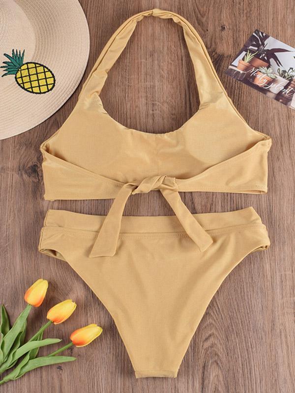 Solid Color Halterneck Bandage Split Bikini Swimsuit