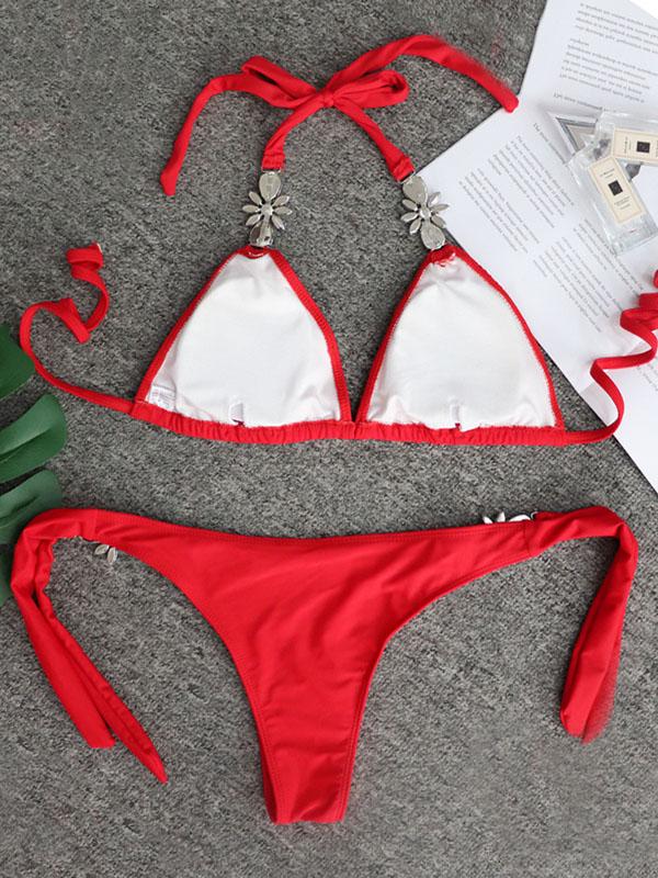 Gorgeous Embellished Knotted Triangles Split Bikini Swimsuit