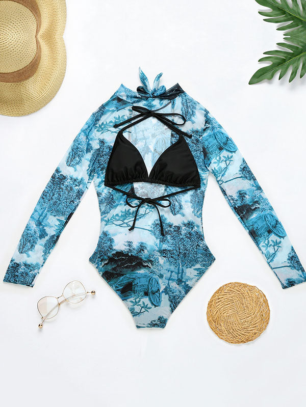 Long Sleeve Mesh Floral-Print Backless One-Piece Swimwear