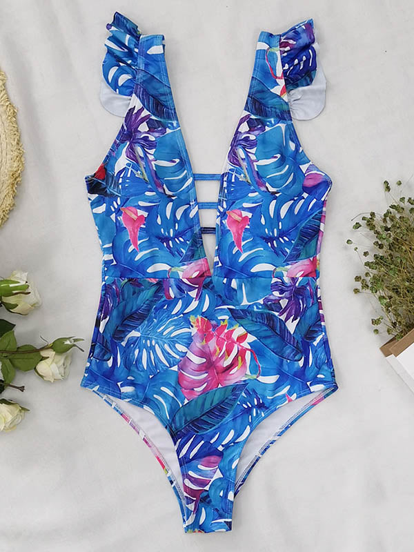 Ruffled Floral Print V-Back One-Piece Swimwear