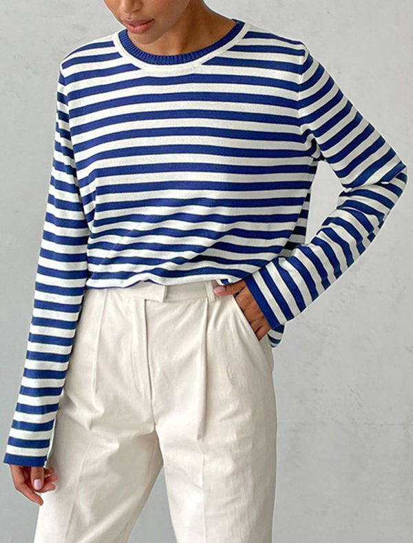 Long Sleeves Loose Split-Joint Striped Round-Neck Sweater Tops