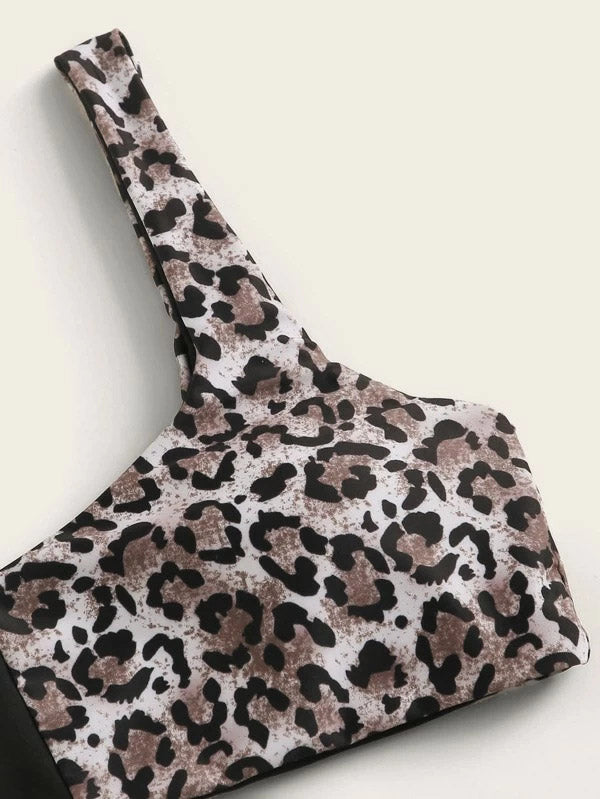 Leopard Print Split-Joint U-Neck Split Bikini Swimsuit