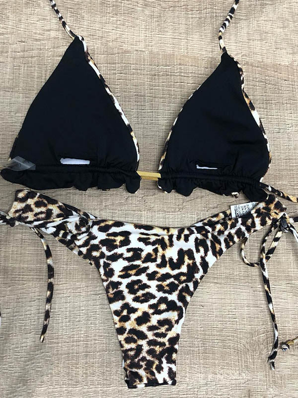 Leopard Print Ruffled Triangles Bandage Split Bikini Swimsuit