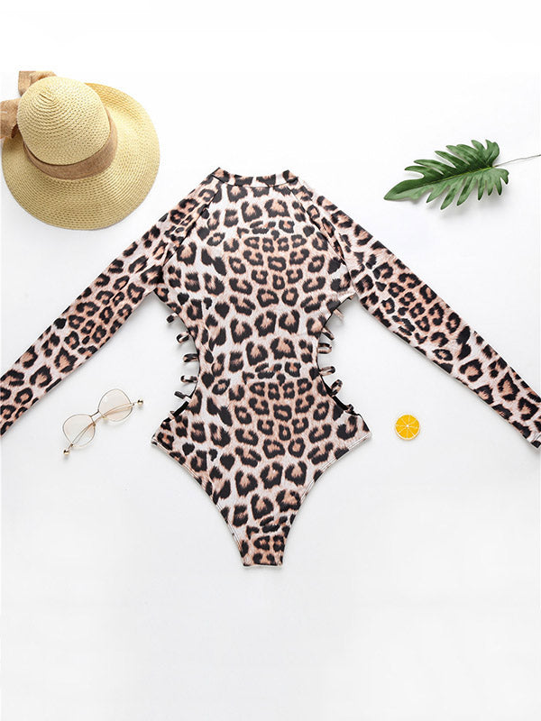 Animal Print High-Neck Zipper Long Sleeve One-Piece Wetsuit