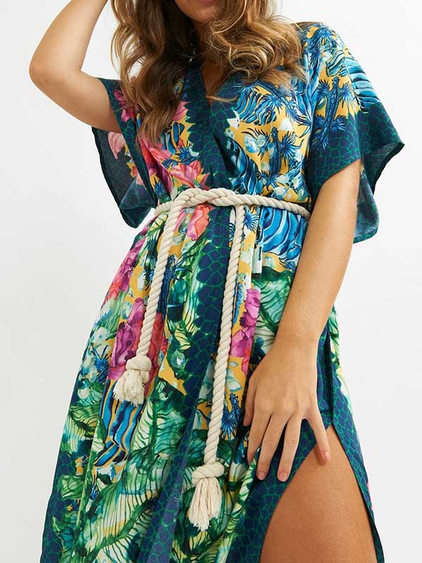 Floral-Print Belted Knotted Tunicshang Cover-Ups Tops