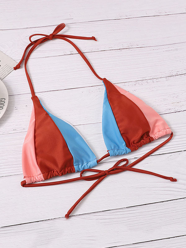 Halterneck Color-Block Triangles Tie Side Bikini Swimwear