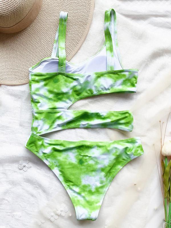 Tie-Dyed Gradient Printed Asymmetric Hollow One-Piece Swimwear