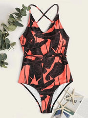 Vintage Print Backless Bandage Split Bikini Swimsuit