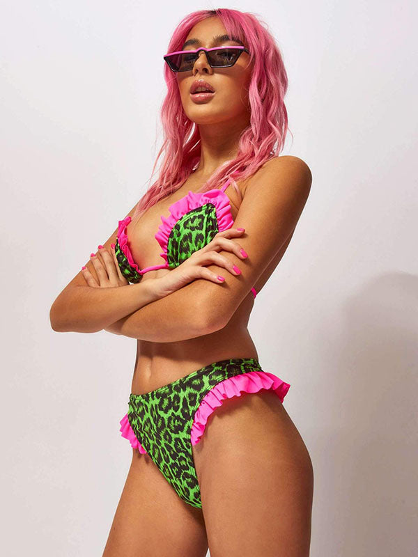 Leopard Falbala Triangles Hipster Halterneck Bikini Swimwear