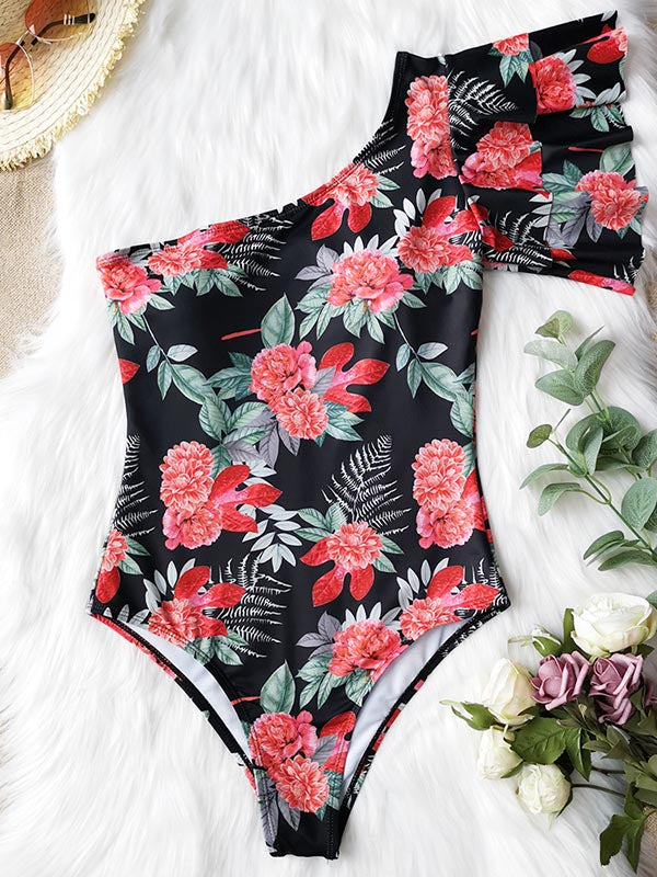 One-Shoulder Floral One-Piece Swimsuit