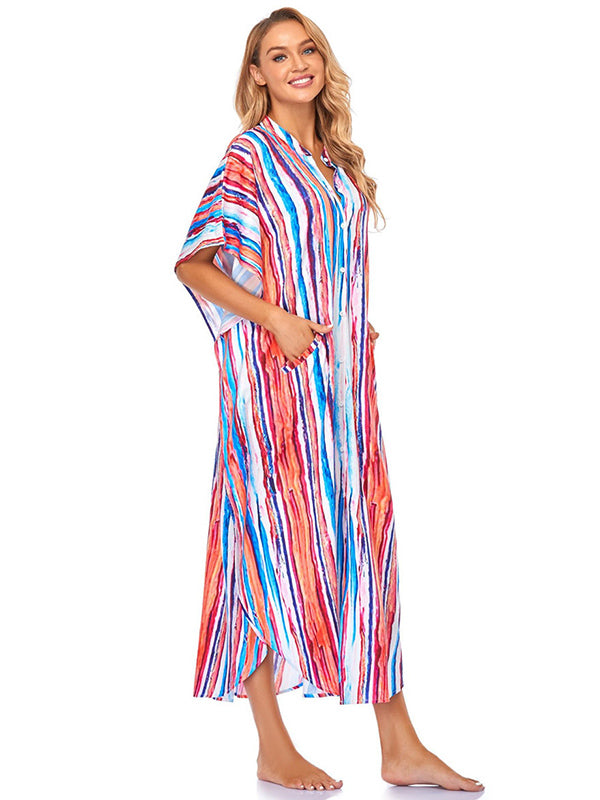 Striped Loose Pocket Cardigan Vacation Beach Cover-Up Swimwear