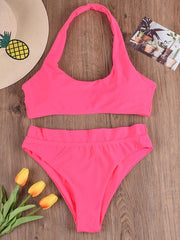 Solid Color Halterneck Bandage Split Bikini Swimsuit