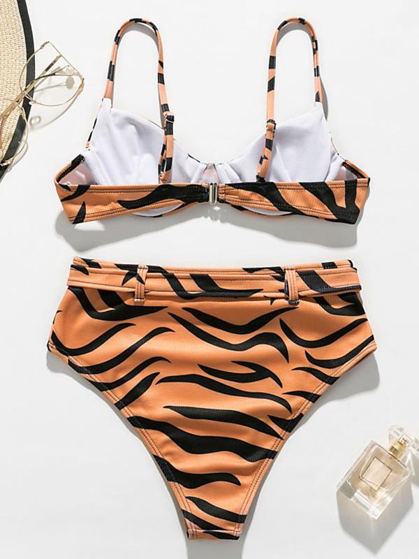 Tiger Pattern Belted Embellished Underwired Split Bikini Swimsuit