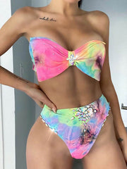 Tie-Dye Diamond-Embellished Bowknot Split Bikini Swimsuit