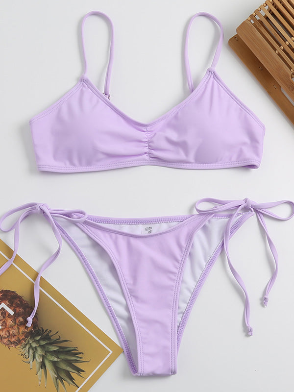 Solid Color Bandage Knotted Split Bikini Swimsuit