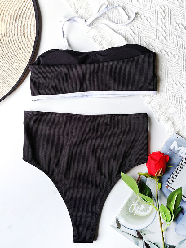 Simple Split-Joint Bralette&High-Waisted Split Bikini Swimwear