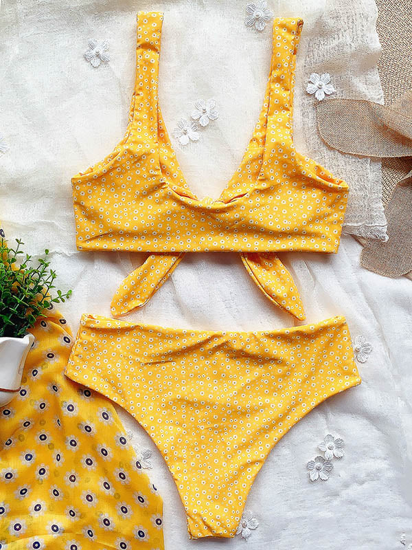 Bikini-Badeanzug mit Blumenmuster, V-Ausschnitt, Schlitz und Knoten 