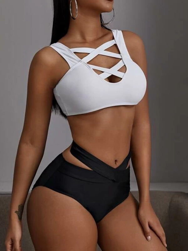 Solid Color Bandage Crossed Split Bikini Swimsuit