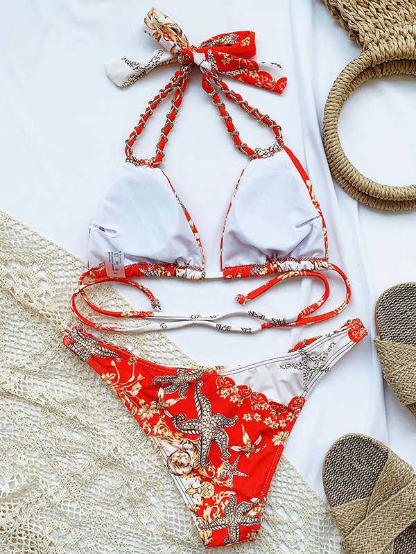 Triangle Printed Bandage Halter Bikini Swimwear