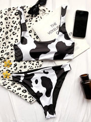 Cow Pattern U-Neck Split Bikini Swimsuit