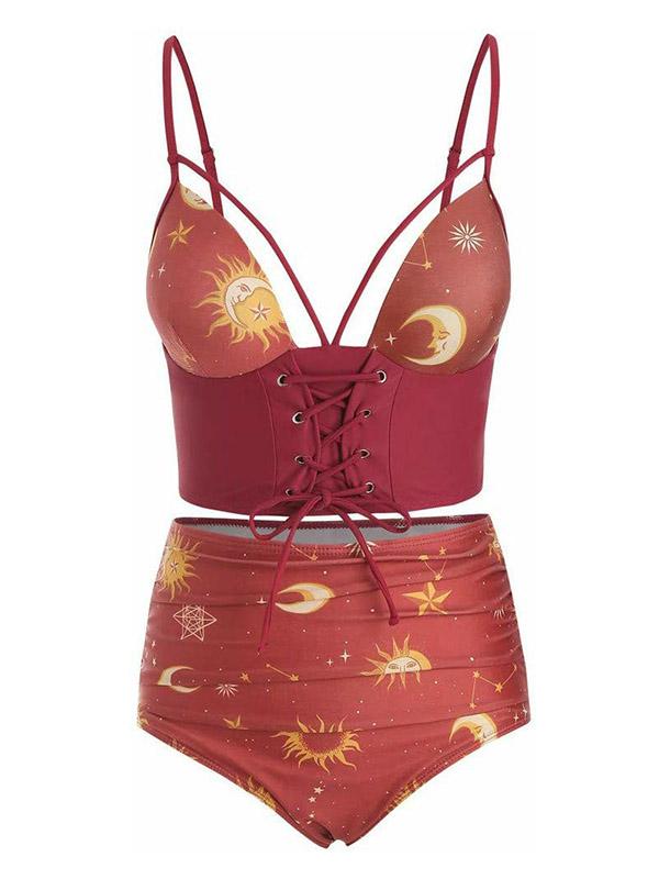 Sexy trägerloser Bandage-Bikini-Badeanzug mit geteiltem Sonnen- und Mond-Print 