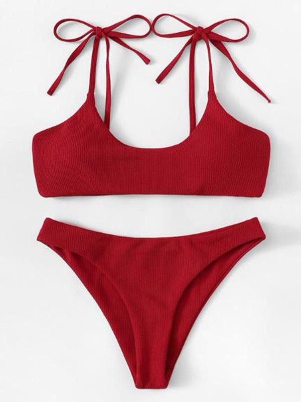 Solid Color Bandage Spaghetti-Neck Split Bikini Swimsuit