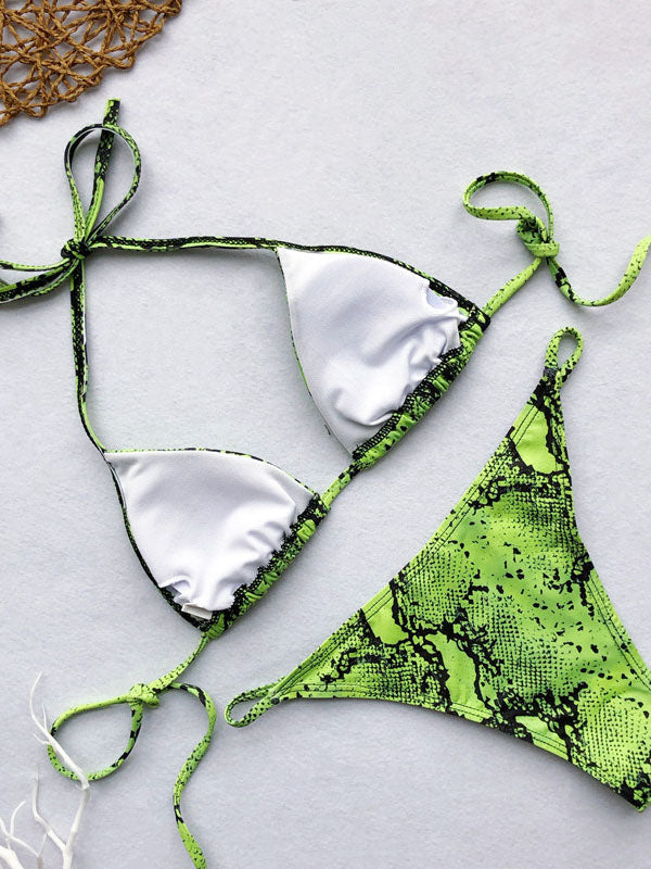 Lace-Up Snakeskin Print Scrunch Bikini Set