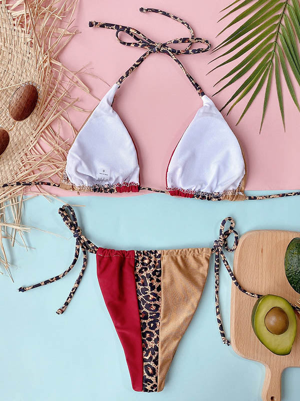 Bikini-Badeanzug mit Leopardenmuster, Farbblock, Dreiecken, Bandage und Schlitz 