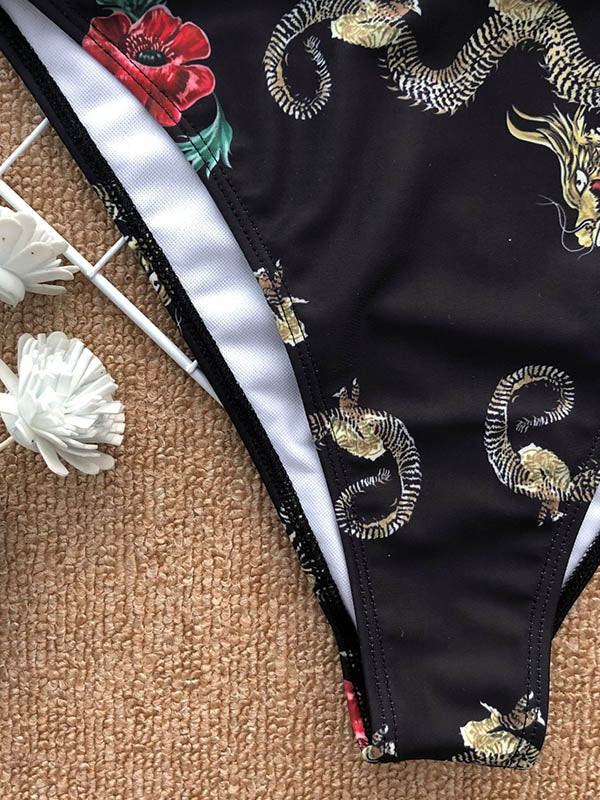 Chinese Style Printed Split Bikini Swimsuit