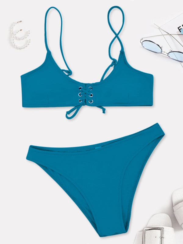 Solid Color Bandage Spaghetti-Neck Split Bikini Swimsuit