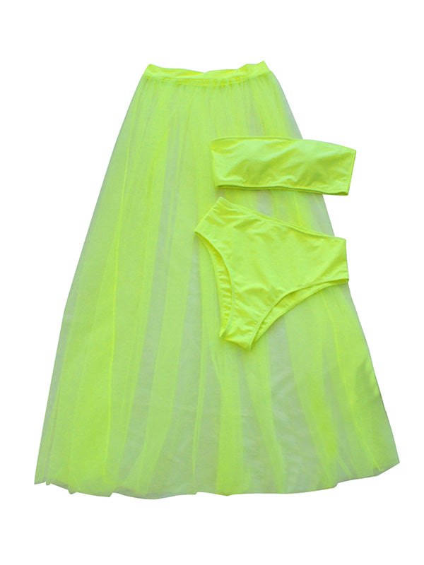 Fluorescent Off-The-Shoulder Bandeau Split Bikini Swimsuit+Cover-Ups Three-Piece Set