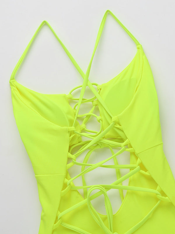 Fluorescent Color Spaghetti-Neck Hollow Bandage One-Piece Swimwear