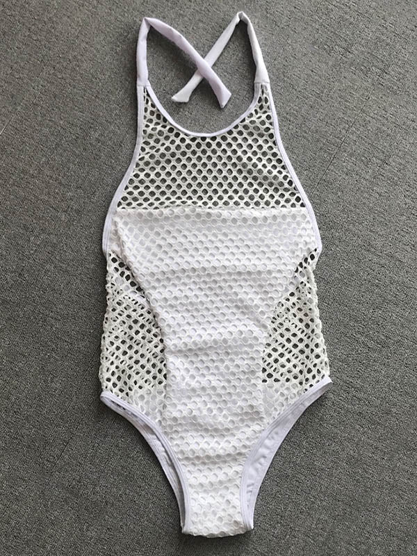 Gauze Hollow Split-Joint Halterneck One-Piece Swimwear