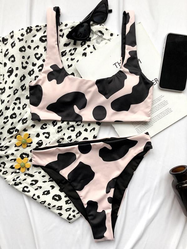 Cow Pattern U-Neck Split Bikini Swimsuit