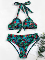 Halterneck Floral Bustier Knotted Bikini Swimwear