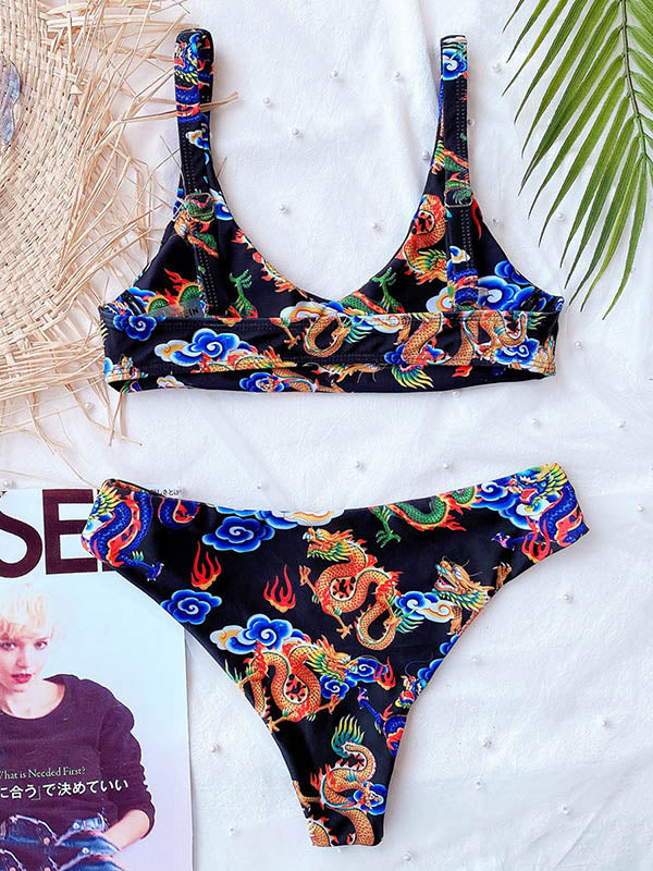 Sexy Chinese Style Printing Split Bikini Swimsuit