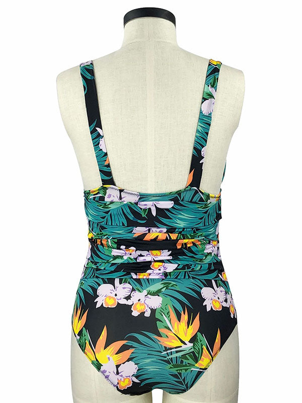 Floral-Print Ruffled Deep V-Neck One-Piece Swimwear