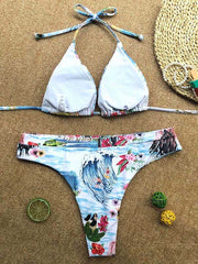 Triangle Floral-Printed Lace-Up Bikini Swimsuit