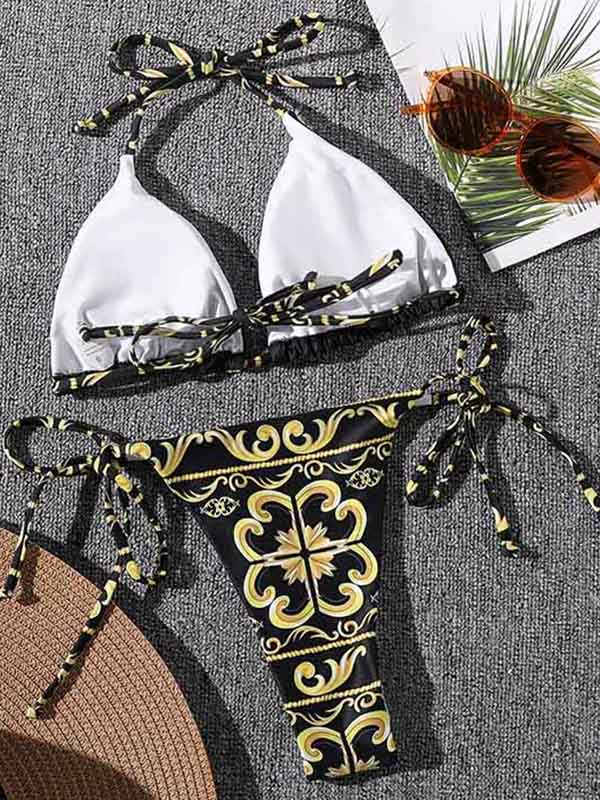 Floral-Print Bandage Hollow Sexy Bikini Swimwear