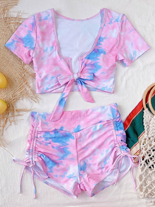 Tie-Dyed Short Sleeve Bandage High-Waisted Drawstring Briefs Tankini Swimwear