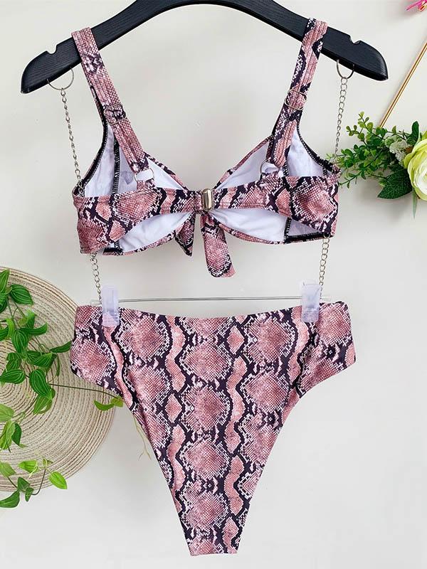 Snake-Print Knotted Hollow Split Bikini Swimsuit