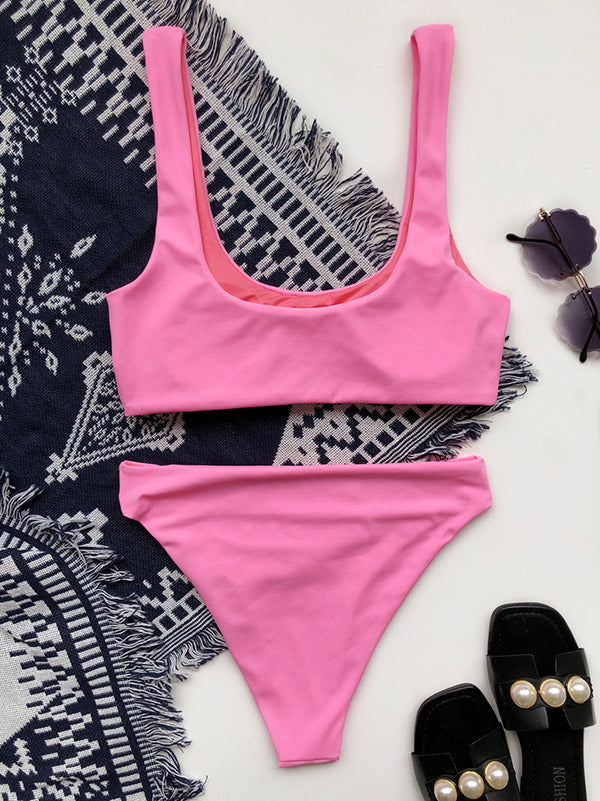 Solid Color Concise Square-Neck Split Bikini Swimsuit