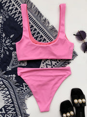 Solid Color Concise Square-Neck Split Bikini Swimsuit