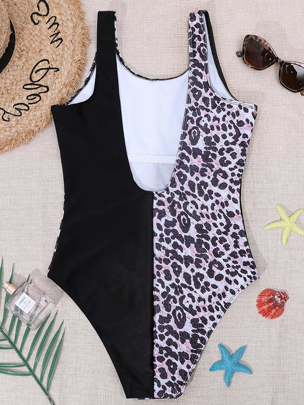 Sleeveless Split-Joint Leopard Print Tight One-Piece Swimwear