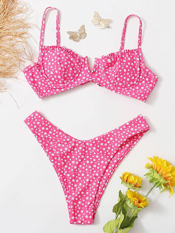 Bikini-Badeanzug mit Blumenmuster, Rüschen, Bügel und Schlitz 