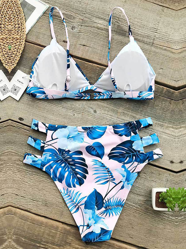 Floral-Print Hollow Triangles Split Bikini Swimsuit