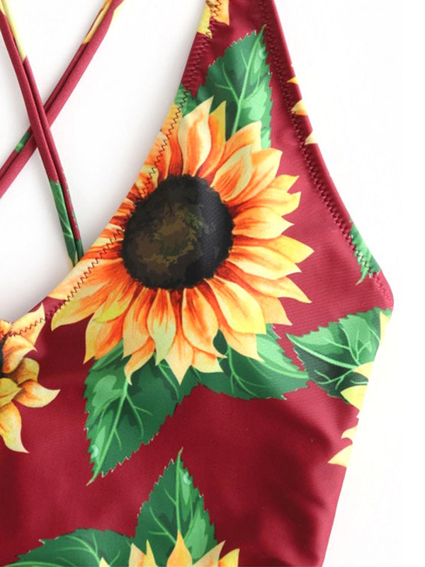 Sunflower Printed Backless Bandage Split Bikini Swimsuit